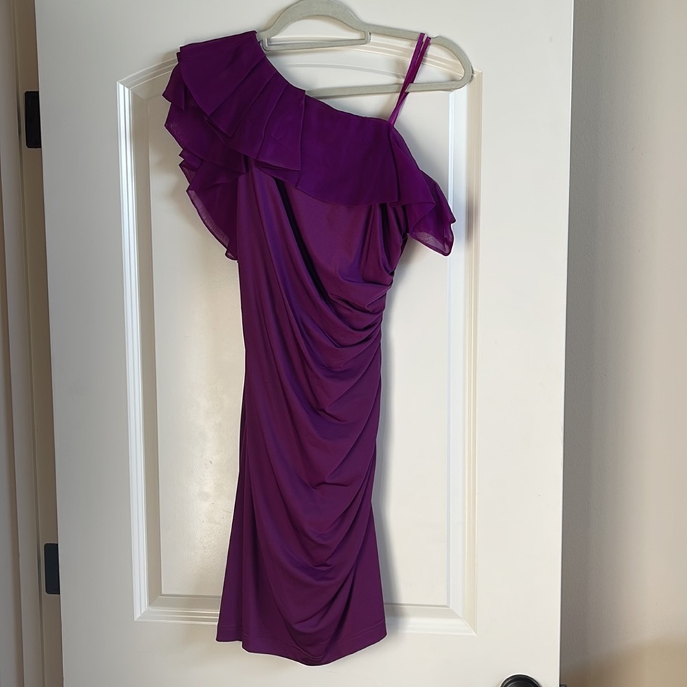 One shoulder cocktail dress with side ruching, gorgeous magenta color